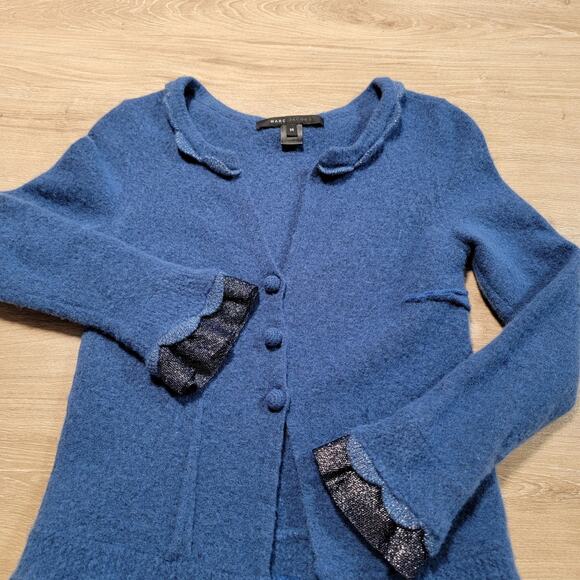 Marc Jacobs Wool Chunky Knit Cardigan Sweater Ruffle Glitter Coquette Medium Top - Picture 2 of 10